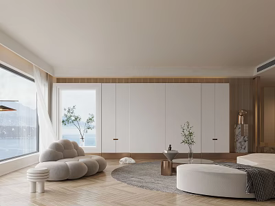 Modern Living Room Interior Design With Cozy Sofa Round Rug Large Window And Green Plant 3d model