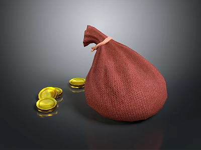 Red Cloth Storage Bag With Scattered Gold Coins On Gray Background Surface 3d model