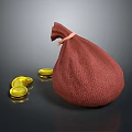 Red Cloth Storage Bag With Scattered Gold Coins On Gray Background Surface 3d model