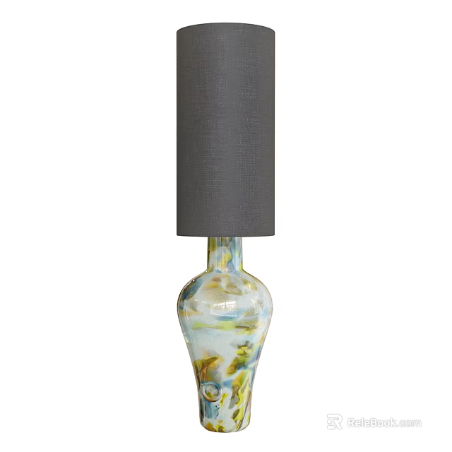 Modern Glass Base Table Lamp With Colorful Pattern And Grey Fabric Shade 3d model