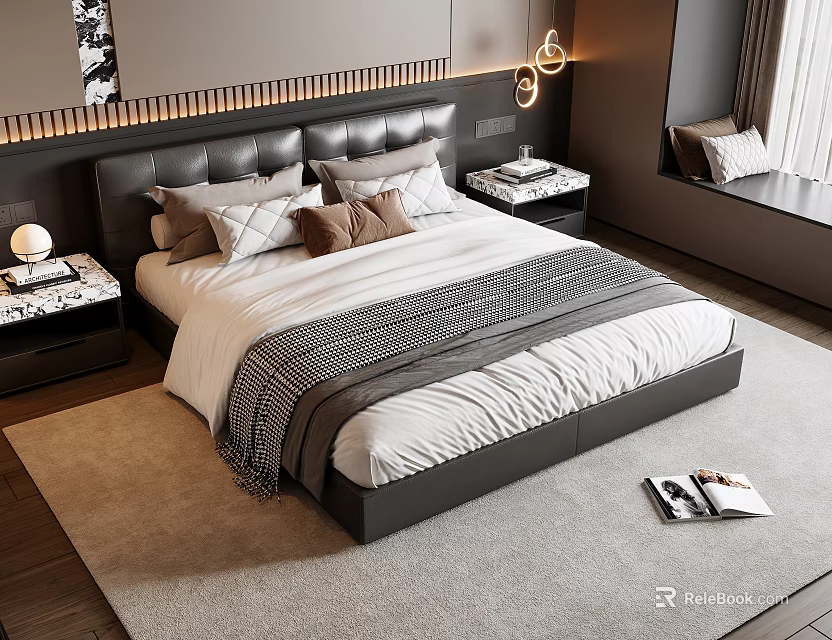 Modern Double Bed With Black Leather Headboard Decorative Pillows Quilt Marble Nightstands Lamps And Rug 3d model 
