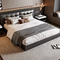 Modern Double Bed With Black Leather Headboard Decorative Pillows Quilt Marble Nightstands Lamps And Rug