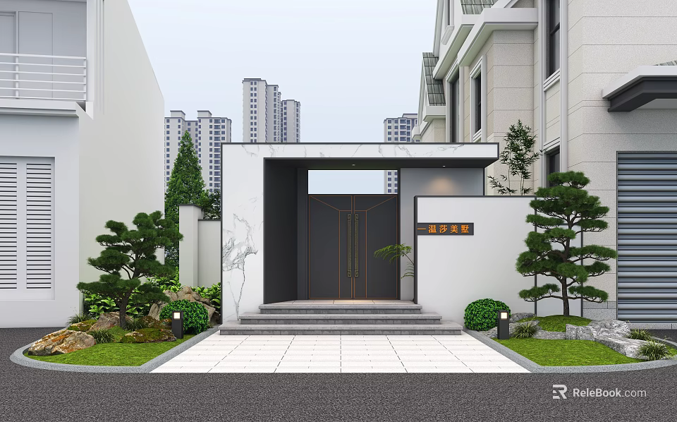 Modern Entrance Gate Design With Stone Decor Steps And Greenery Landscaping 3d model 