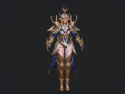 Game Movie Elven Female Warrior In Ornate Gold Blue Armor Design 3d model