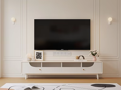 Modern White TV Stand With Flat Screen TV Lamp Photo Frame Vase And Wall Sconces 3d model