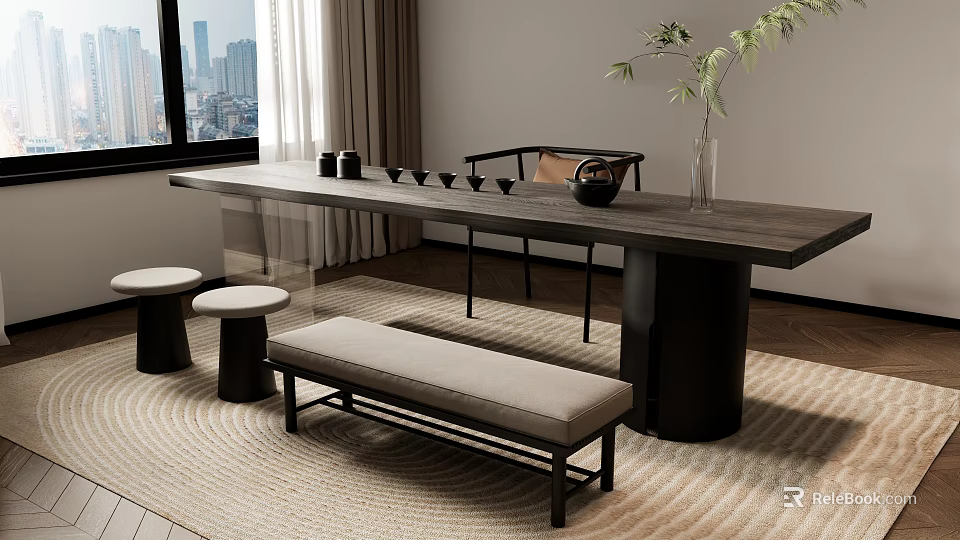 Modern Wooden Tea Table And Chairs With Bench Vase And Tea Sets Interior Design 3d model 