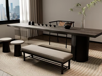 Modern Wooden Tea Table And Chairs With Bench Vase And Tea Sets Interior Design 3d model