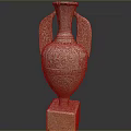 Intricate Handled Vase Shaped Stone Sculptural Carving With Square Base And Decorative Patterns