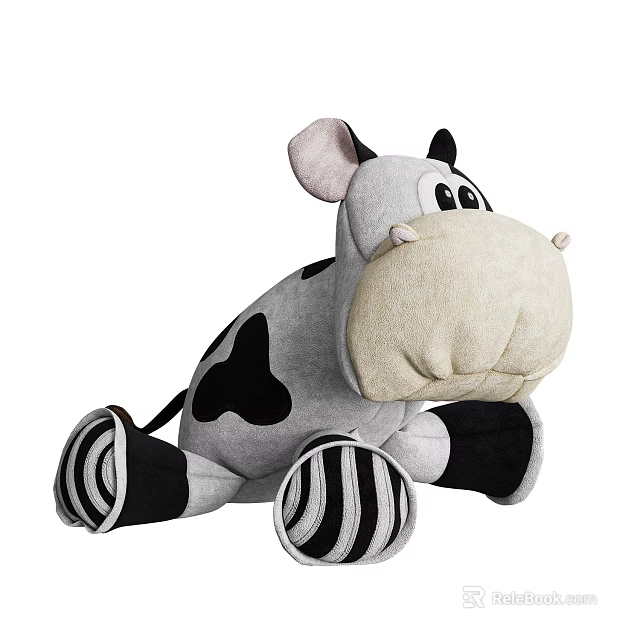 Adorable Black And White Stuffed Cow Plush Toy With Big Nose And Striped Legs 3d model 