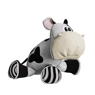 Adorable Black And White Stuffed Cow Plush Toy With Big Nose And Striped Legs 3d model