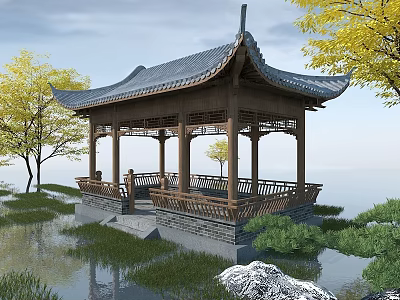 Traditional Chinese Wooden Pavilion With Tiled Roof By Lake Green Trees And Stone Landscape 3d model