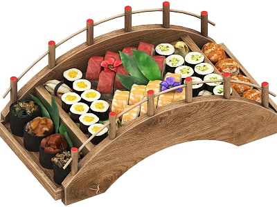 Assorted Sushi Platter On Wooden Bridge Shaped Tray With Decorative Greens And Flowers 3d model