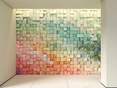 Vibrant Colorful 3D Cube Gradient Interior Background Wall With Green Plant Decoration 3d model