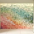Vibrant Colorful 3D Cube Gradient Interior Background Wall With Green Plant Decoration