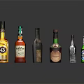 Various Alcohol Bottles and Glassware Displayed on Dark Background with Reflections