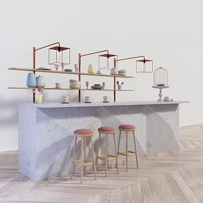 Elegant Bar Counter With Stone Top Pink Seat Wooden Leg Stools And Metal Shelves Decor 3d model