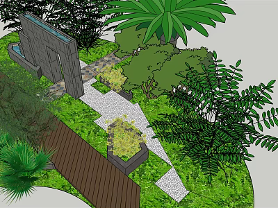 Garden Ornamental Design with Stone Path Wooden Walkway Palm Tree and Lush Plants 3d model