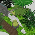 Garden Ornamental Design with Stone Path Wooden Walkway Palm Tree and Lush Plants