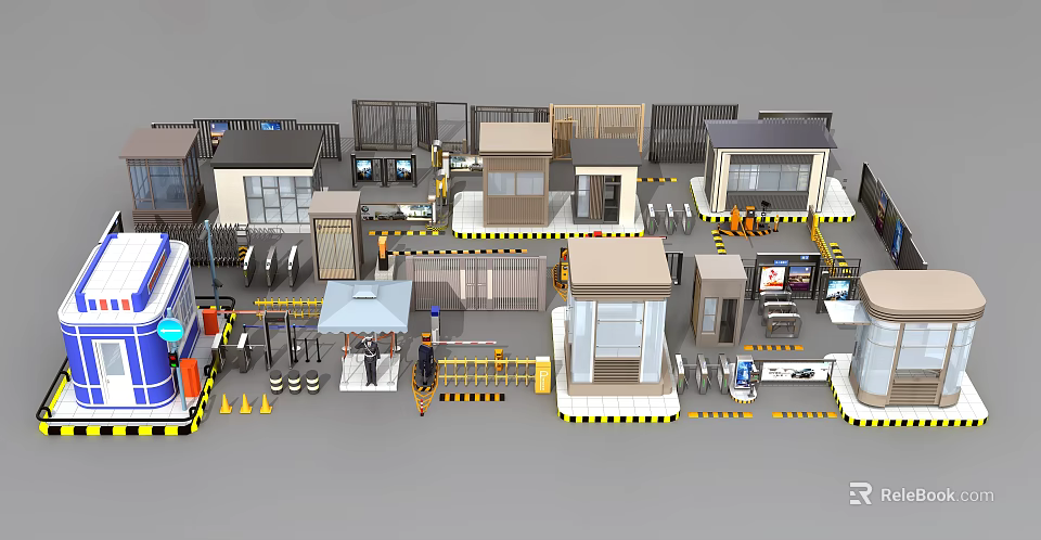 Various Security And Traffic Facilities 3D Models Including Kiosks Barriers And Signage 3d model 