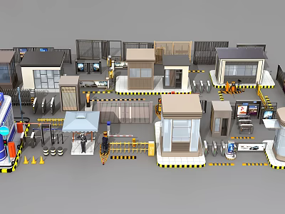 Various Security And Traffic Facilities 3D Models Including Kiosks Barriers And Signage 3d model