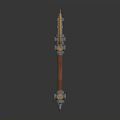 Ornate Double Bladed Axe Weapon With Golden Patterns Blue Gemstone And Brown Handle