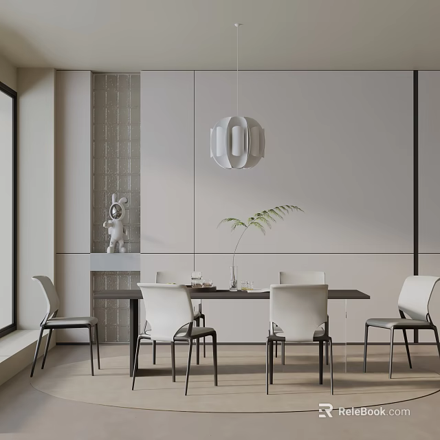 Modern Dining Table Set With White Chairs Pendant Light Decorative Plant And Wall Design 3d model 