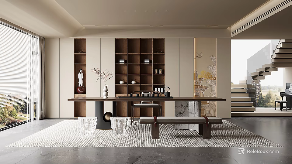 Modern Tea Room Interior With Long Wooden Table Display Shelves And Decorative Items 3d model 