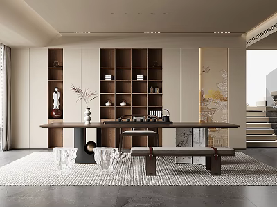 Modern Tea Room Interior With Long Wooden Table Display Shelves And Decorative Items 3d model