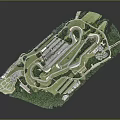 Aerial View Of Green Race Track With Curved Paths And Buildings