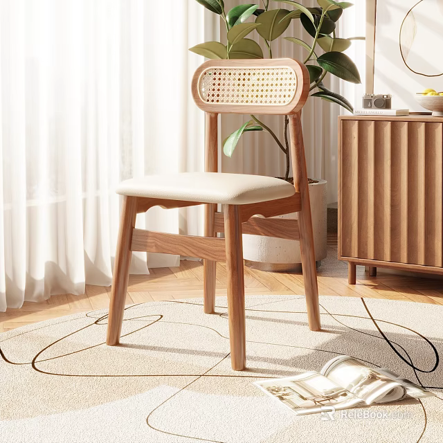 Modern Wooden Dining Chair With Rattan Backrest And Light Cushion In Bright Room 3d model 