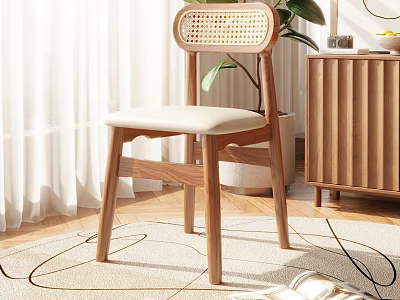 Modern Wooden Dining Chair With Rattan Backrest And Light Cushion In Bright Room 3d model