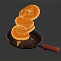 Black Frying Pan With Red Handle Stacked Pancakes And Golden Syrup