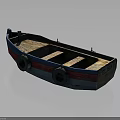 Wooden Boat Blue And Red Painted With Wooden Seats And Two Tires On Sides