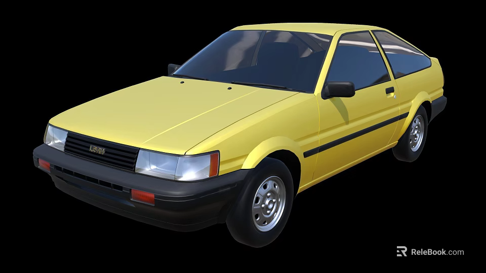 Yellow Classic Two Door Car With Black Stripes And Vintage Design Front View 3d model 