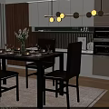 Modern Dining Table Set with Marble Top Four Leather Chairs and Greenery Vase Tableware