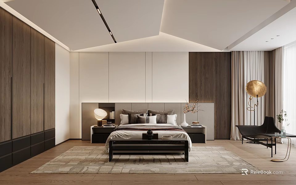 Modern Bedroom Interior Design With Bed Bedside Tables Lighting And Wooden Panels 3d model 