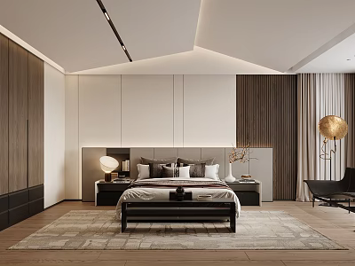 Modern Bedroom Interior Design With Bed Bedside Tables Lighting And Wooden Panels 3d model