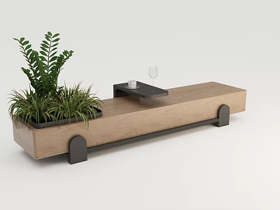 Modern Wooden Landscape Bench with Green Plants Black Tray and Wine Glass 3d model