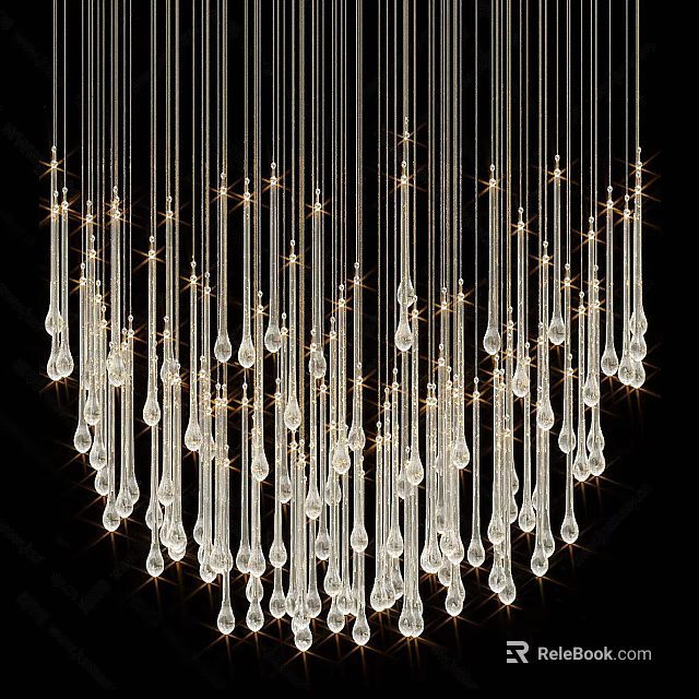 Elegant Long Hanging Chandelier With Multiple Transparent Sparkling Crystal Pendants 3d model 
