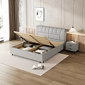 Gray Leather Double Bed with White Sheets Gray Blanket Nightstand Lamp Wooden Floor Wall Art