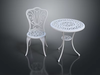 White Ornate Outdoor Furniture Set With Round Table And Carved Chair 3d model