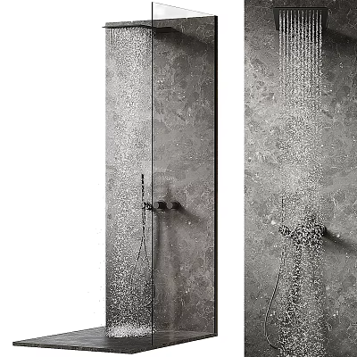 Sleek Modern Shower Head With Rainfall Water Flow On Textured Bathroom Wall 3d model