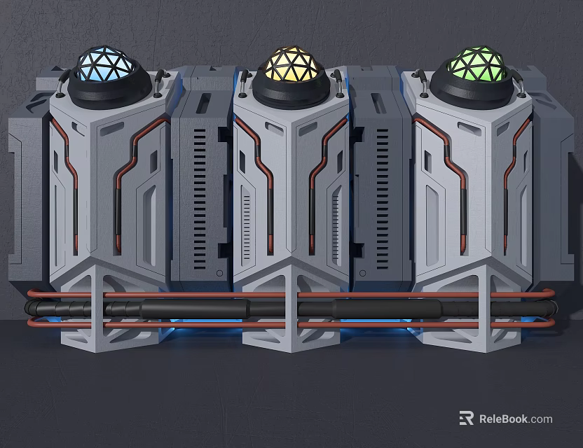 Futuristic Mechanical Units Featuring Colored Spherical Tops Gray Bodies And Blue Lighting 3d model 