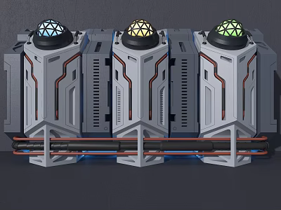 Futuristic Mechanical Units Featuring Colored Spherical Tops Gray Bodies And Blue Lighting 3d model