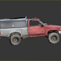 Vintage Red Pickup Truck With Gray Roof Storage Box And Off Road Tires