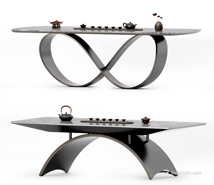 Modern Tea Table With Infinity And Curved Legs Featuring Tea Set And Teapot 3d model 