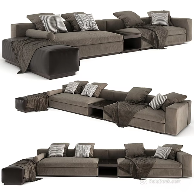 Modern Gray Fabric Sectional Sofa With Throw Pillows Blanket And Ottoman 3d model