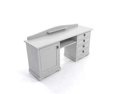 White Functional Desk With Cabinet Door Multiple Drawers And Curved Top 3d model