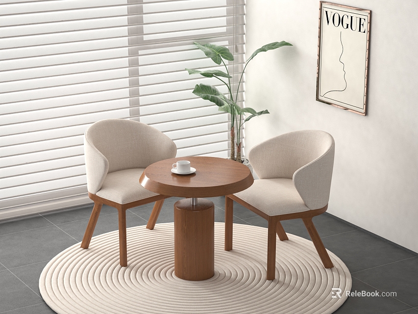 Modern Minimalist Wooden Round Table With Two Chairs And Green Plant Near Window Blinds 3d model 