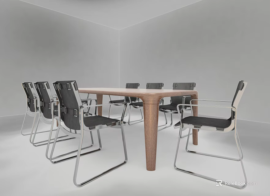 Modern Wooden Conference Table With Metal Frame Chairs In Minimalist Room 3d model 